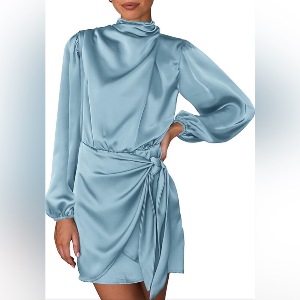Long Sleeve Satin Dress Fall Mock Neck Ruched Tie Waist Silky Mini Dresses